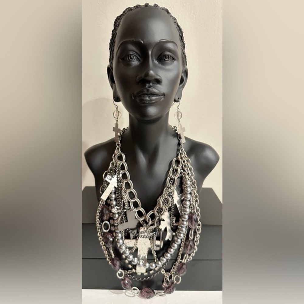 Bold Silver Statement Necklace with Cross Charms & Matching Earrings